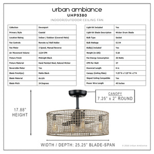 Urban Ambiance UHP9380 Bohemian Ceiling Fan with a beautiful Midnight Black Finish from the Devonport Collection.