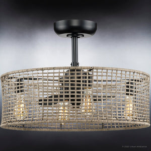 A Midnight Black Urban Ambiance UHP9380 Bohemian Ceiling Fan with a wicker basket from the Devonport Collection.