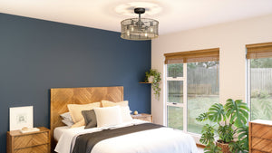 3D rendering of a gorgeous bedroom with blue walls and a beautiful UHP9380 Bohemian Ceiling Fan 17.875''H x 25.25''W, Midnight Black Finish,
