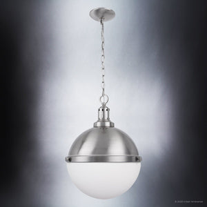 A gorgeous ULB2001 Modern Farmhouse Pendant lighting fixture, 17''H x 12''W, Brushed Nickel Finish, Apulon Collection pendant light with a white glass globe.