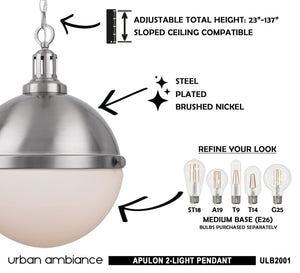 An image of the ULB2001 Modern Farmhouse Pendant, 17''H x 12''W, Brushed Nickel Finish, Apulon Collection pendant light with a brushed nickel finish.