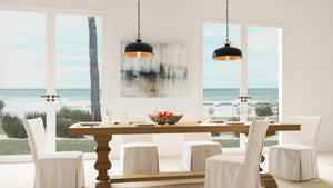 A gorgeous dining room with a unique ULB2010 Rustic Pendant lamp, and white chairs, with a view of the ocean.