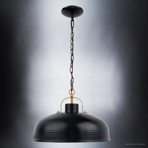 A unique Matte Black Finish ULB2010 Rustic Pendant, 11''H x 16''W, from the Caria Collection by Urban Ambiance hanging from a chain.