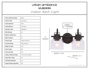 Urban Ambiance - Bath Light - ULB2030 Modern Farmhouse Bath Light, 9''H x 15''W, Dark Bronze Finish, Gildova Collection -