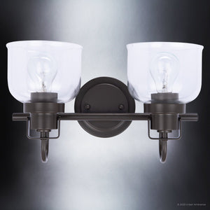 A ULB2030 Modern Farmhouse Bath Light, 9''H x 15''W, Matte Black Finish, Gildova Collection bathroom light fixture with two beautiful light bulbs.