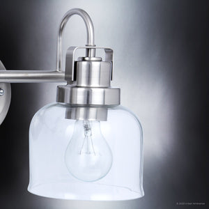 A beautiful Urban Ambiance ULB2031 Modern Farmhouse Bath Light, 9''H x 15''W, with a brushed nickel finish and clear glass bulb.