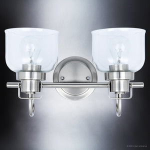An Urban Ambiance luxury bathroom lighting fixture with two ULB2031 Modern Farmhouse Bath Light, 9''H x 15''W, Brushed Nickel Finish, Gildova Collection glass