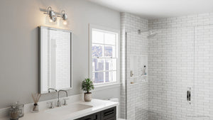 An Urban Ambiance luxury white bathroom with a ULB2031 Modern Farmhouse Bath Light, 9''H x 15''W, Brushed Nickel Finish.