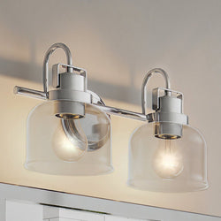 Two unique ULB2031 Modern Farmhouse Bath Lights, 9''H x 15''W, Brushed Nickel Finish, Gildova Collection by Urban Ambiance hanging over a bathroom mirror