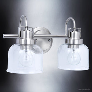 An Urban Ambiance ULB2031 Modern Farmhouse Bath Light, 9''H x 15''W, Brushed Nickel Finish, Gildova Collection with two clear glass bulbs