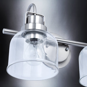 An Urban Ambiance beautiful bathroom light fixture with three ULB2031 Modern Farmhouse Bath Light, 9''H x 15''W, Brushed Nickel Finish, Gildova Collection glass