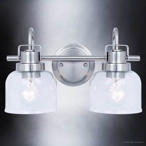 A beautiful ULB2031 Modern Farmhouse Bath Light fixture with two clear glass shades.