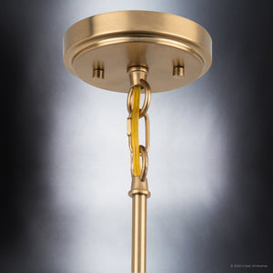 A unique and beautiful ULB2061 New-Traditional Chandelier from the Lygos Collection by Urban Ambiance, featuring a brushed gold finish and attached chain.