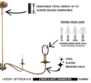 A diagram showing how to install a beautiful lighting fixture, the ULB2061 New-Traditional Chandelier from the Lygos Collection by Urban Ambiance.