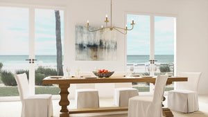 A beautiful dining room with a unique ULB2061 New-Traditional Chandelier, 12''H x 41''W and Lygos Collection chairs.