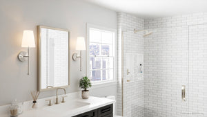 A beautiful bathroom with a ULB2070 New-Traditional Wall Sconce from the Malva Collection by Urban Ambiance, providing luxury lighting fixture.