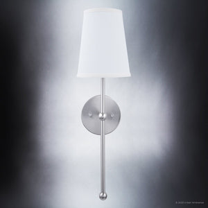 A beautiful ULB2070 New-Traditional Wall Sconce lighting fixture, 21''H x 6''W, Brushed Nickel Finish, Malva Collection with a white shade