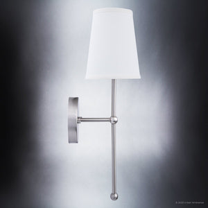 A ULB2070 New-Traditional Wall Sconce with a white shade from the Malva Collection by Urban Ambiance in a gorgeous brushed nickel finish.