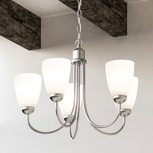 A gorgeous ULB2121 new-traditional chandelier, 16''H x 20''W, brushed nickel finish, hanging from a beam in a room.