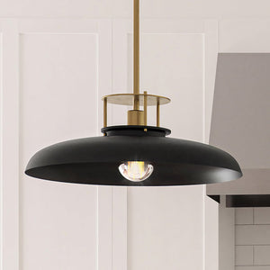 A beautiful ULB2191 Transitional Pendant lamp, with a luxury Matte Black and Gold Finish, from the Westport Collection by Urban Ambiance hanging over a kitchen island.