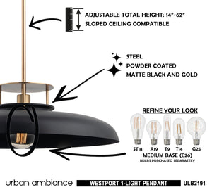 An image of a beautiful ULB2191 Transitional Pendant lighting fixture, 8''H x 20''W, Matte Black and Gold Finish from Urban Ambiance.