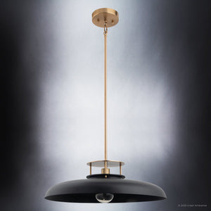 A unique Urban Ambiance ULB2191 Transitional Pendant, 8''H x 20''W, Matte Black and Gold Finish from the Westport Collection with a black shade.