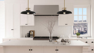 A beautiful white kitchen with a unique Urban Ambiance ULB2191 Transitional Pendant, 8''H x 20''W, Matte Black and Gold Finish, Westport Collection lamp.