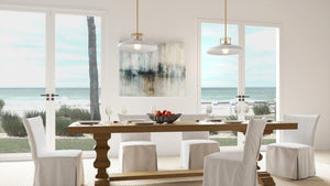 A gorgeous ULB2192 Transitional Pendant lighting fixture from the Westport Collection by Urban Ambiance, illuminates the white dining room with a view of the ocean.