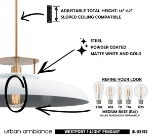 A diagram demonstrating the installation of the unique and luxurious Urban Ambiance ULB2192 Transitional Pendant from their Westport Collection.
