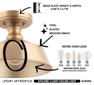 An image of a ULB2202 Modern Farmhouse Ceiling Light, 7''H x 10''W, Brushed Brass Finish, Athlone Collection ceiling light with instructions from Urban Amb