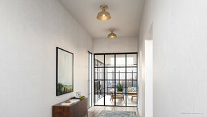 A gorgeous ULB2202 Modern Farmhouse Ceiling Light, 7''H x 10''W, Brushed Brass Finish, Athlone Collection from Urban Ambiance illuminating white