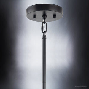 A luxury ULB2210 Mid-Century Modern Chandelier, 26''H x 30''W, Matte Black Finish pendant light with a chain attached to it from the Kenmare Collection