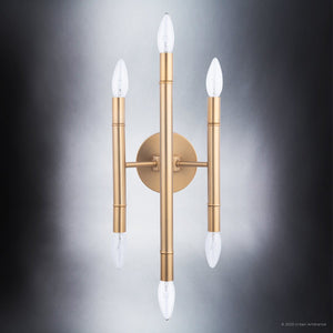 A beautiful ULB2230 Mid-Century Modern Wall Sconce with a brushed brass finish and four lights on it.