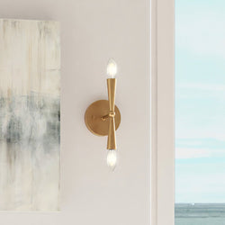 A beautiful ULB2262 Mid-Century Modern Wall Sconce, 10''H x 5''W, featuring a brushed brass finish from the Inverness Collection.