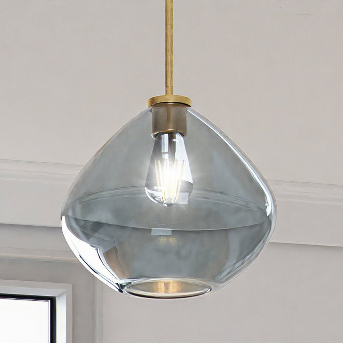 ULB2290 Mid-Century Modern Pendant, 10''H x 11''W, Brushed Brass and Stained Glass Finish, Conwy Collection
