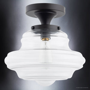 Beautiful and unique Urban Ambiance ULB2300 Modern Farmhouse Ceiling Light, 12''H x 12''W, Dark Bronze Finish, Onchan Collection with a clear glass shade.