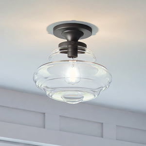 A luxurious Urban Ambiance ULB2300 Modern Farmhouse Ceiling Light, 12''H x 12''W, Dark Bronze Finish, Onchan Collection with a glass shade and a