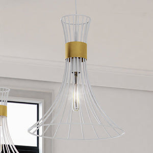 A beautiful ULB2310 Transitional Pendant lighting fixture, with a Matte White and Gold Finish from the St. Ives Collection by Urban Ambiance, hanging in a room.