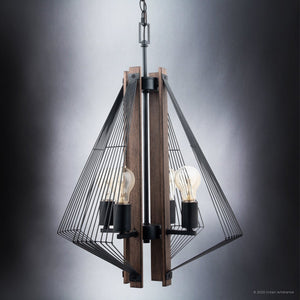 An Urban Ambiance ULB2311 Transitional Pendant, 24''H x 18''W, Matte Black and Wood Finish, St. Ives Collection chandelier with unique lighting fixture.