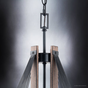 An Urban Ambiance ULB2311 Transitional Pendant from the St. Ives Collection, with a wooden frame and metal rods, in a gorgeous matte black and wood finish design.