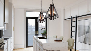 A unique and luxury kitchen with an ULB2311 Transitional Pendant, 24''H x 18''W, Matte Black and Wood Finish, St. Ives Collection from Urban Ambiance,