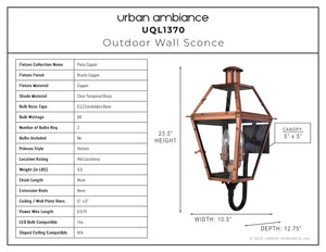 Urban Ambiance - Wall Sconce - UQL1370 Rustic Outdoor Wall Sconce, 24''H x 11''W, Rustic Copper Finish, Paris Collection -