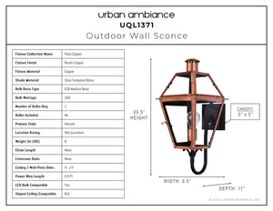 Urban Ambiance - Wall Sconce - UQL1371 Rustic Outdoor Wall Sconce, 21''H x 10''W, Rustic Copper Finish, Paris Collection -