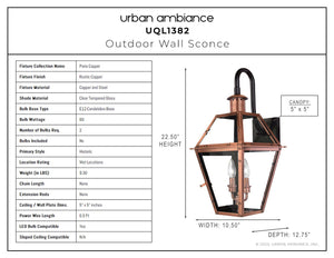 The Urban Ambiance UQL1382 Historic Outdoor Wall Light from the Paris Collection features a rustic copper finish, measures 22.5 inches high by 10.5 inches wide, and showcases clear tempered glass panels with a black top and visible bulb; this vintage outdoor wall sconce comes with detailed product specifications and dimensions.