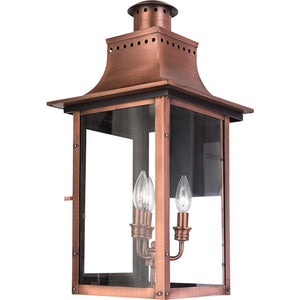 Experience handcrafted outdoor lighting with timeless elegance in the Urban Ambiance UQL1411 Vintage Outdoor Wall Light from the Longview Collection. Featuring a rustic copper finish, a rectangular glass enclosure with vented top, and two candle-style bulbs inside, this 23”H x 12”W lantern brings classic charm and enduring style to any exterior space.