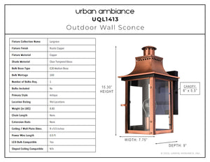 The UQL1413 Vintage Outdoor Wall Light from Urban Ambiance’s Longview Collection features a rectangular design in rustic copper with clear tempered glass, measuring 15.3 inches high by 7.75 inches wide; this handcrafted fixture captures the essence of a classic gaslight lantern, with detailed product information provided for your convenience.