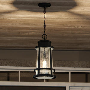 A unique and luxurious lighting fixture - the UQL1580 Tudor Outdoor Pendant 19"H x 9.75"W in Natural Black Finish from the Westcliffe Collection by Urban Ambiance - hanging
