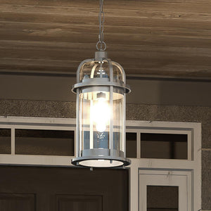 An Urban Ambiance gorgeous outdoor lighting fixture, UQL1600 Urban Loft Outdoor Pendant 17.5''H x 9''W with an Urban Aluminum Finish, from the Cliffsend Collection hanging