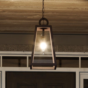 A unique lighting fixture hanging from a wooden door.