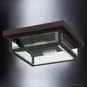 A beautiful Urban Ambiance UQL1636 Modern Farmhouse Outdoor Ceiling 4''H x 12''W, Estate Bronze Finish, Quincy Collection light fixture with a glass cover.